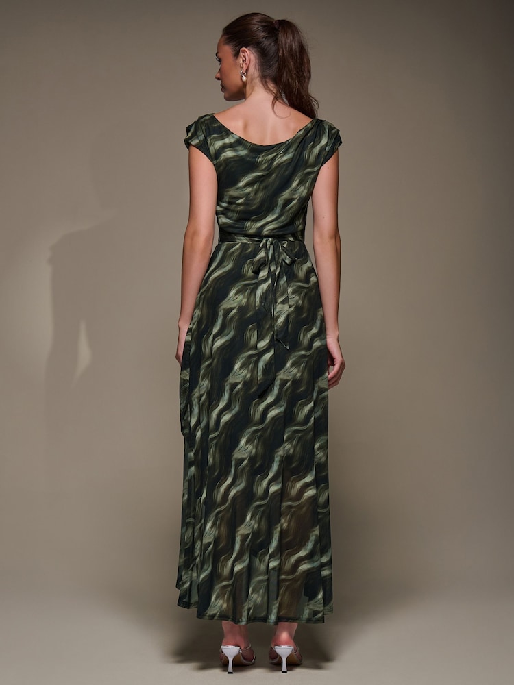 أخضر - Jolie Moi Asymmetric Draped Mesh Maxi Dress - صورة 2 من 6
