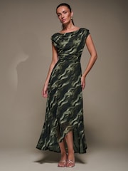 أخضر - Jolie Moi Asymmetric Draped Mesh Maxi Dress - صورة 4 من 6