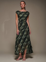 أخضر - Jolie Moi Asymmetric Draped Mesh Maxi Dress - صورة 5 من 6