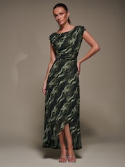 أخضر - Jolie Moi Asymmetric Draped Mesh Maxi Dress - صورة 6 من 6