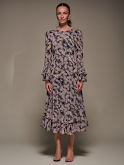Jolie Moi Purple Long Sleeve Chiffon Print Frill Midaxi Dress - Image 1 of 6