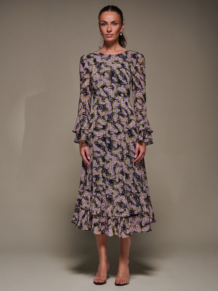 Jolie Moi Purple Long Sleeve Chiffon Print Frill Midaxi Dress - Image 1 of 6