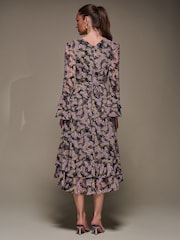 Jolie Moi Purple Long Sleeve Chiffon Print Frill Midaxi Dress - Image 2 of 6