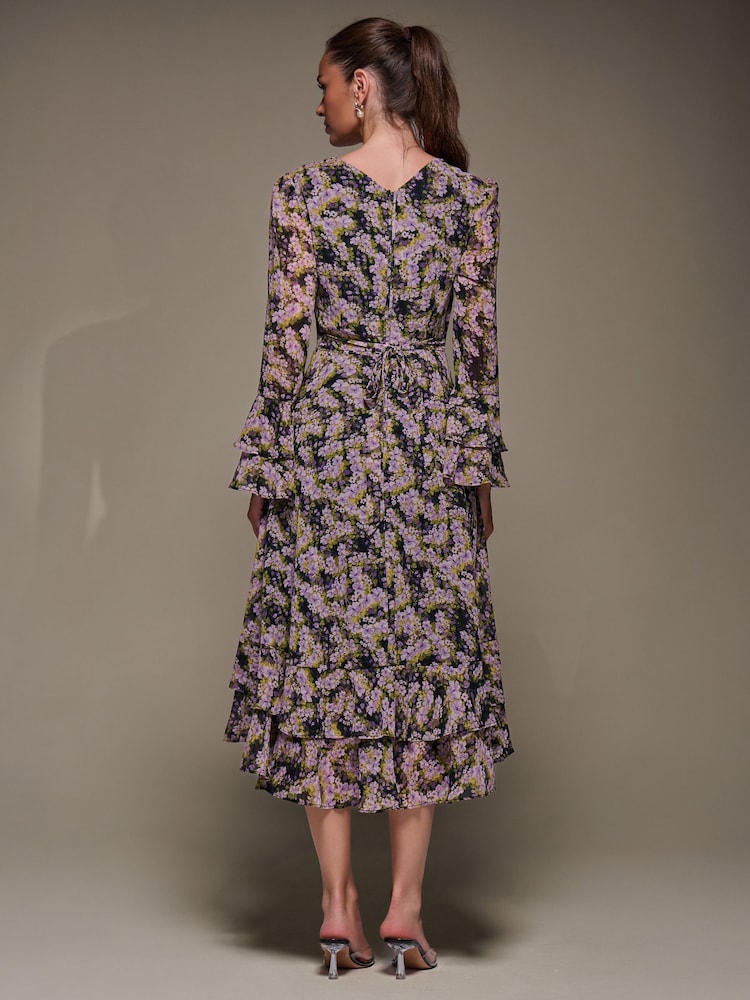 Jolie Moi Purple Long Sleeve Chiffon Print Frill Midaxi Dress - Image 2 of 6