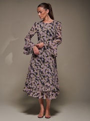 Jolie Moi Purple Long Sleeve Chiffon Print Frill Midaxi Dress - Image 3 of 6
