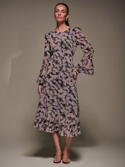 Jolie Moi Purple Long Sleeve Chiffon Print Frill Midaxi Dress - Image 4 of 6