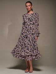 Jolie Moi Purple Long Sleeve Chiffon Print Frill Midaxi Dress - Image 5 of 6