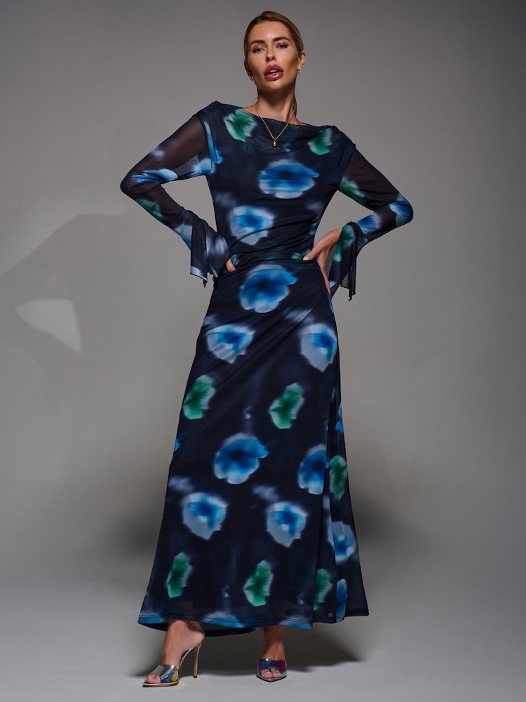 Jolie Moi Chrome Black Long Sleeve Slash Neck Maxi Dress - Image 1 of 6