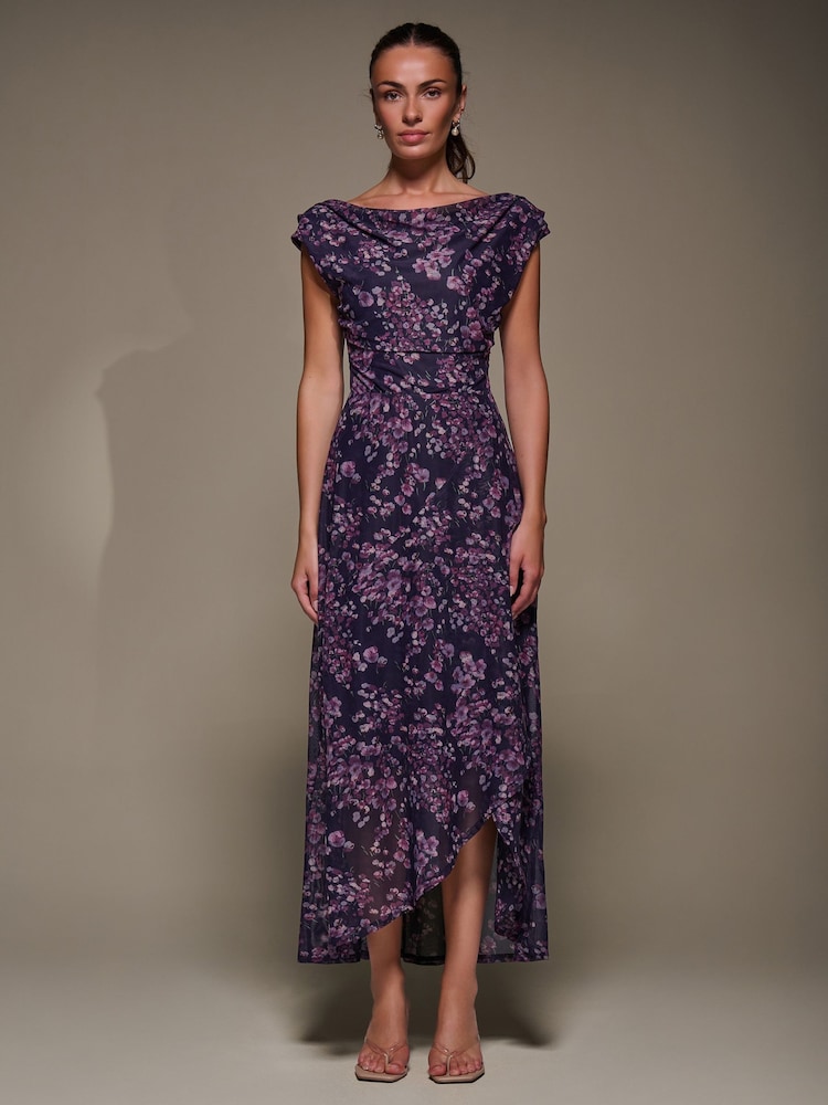 أرجواني - Jolie Moi Asymmetric Draped Mesh Maxi Dress - صورة 1 من 6