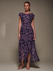 أرجواني - Jolie Moi Asymmetric Draped Mesh Maxi Dress - صورة 5 من 6
