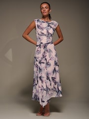 Jolie Moi Natural Slash Neck Ruched Mesh Maxi Dress - Image 1 of 6