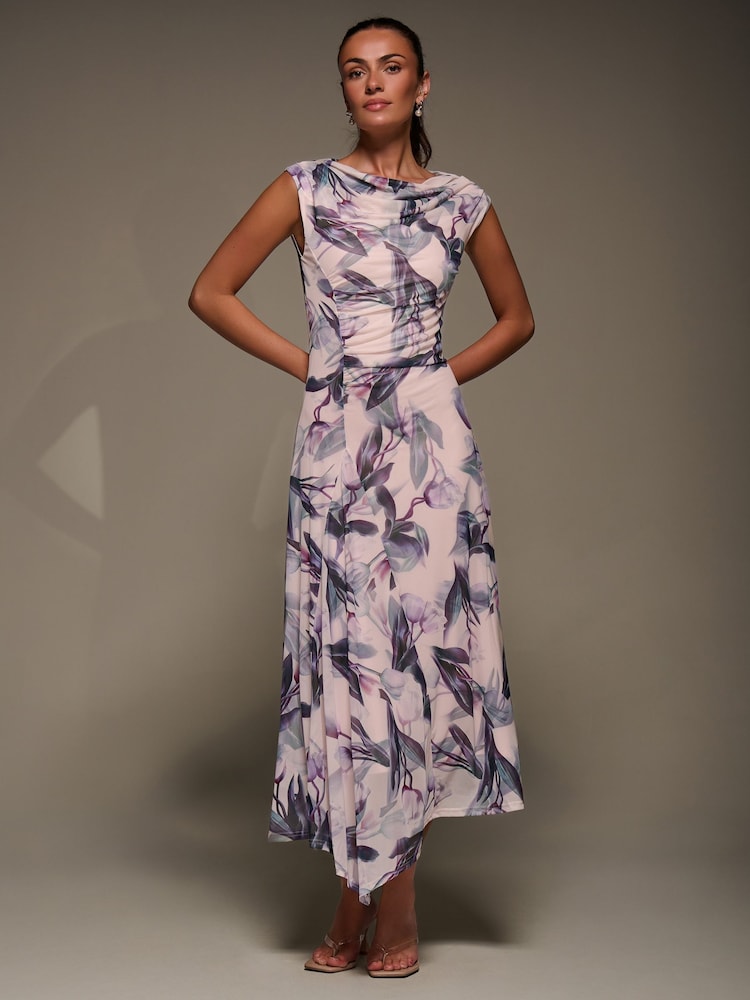 Jolie Moi Natural Slash Neck Ruched Mesh Maxi Dress - Image 1 of 6