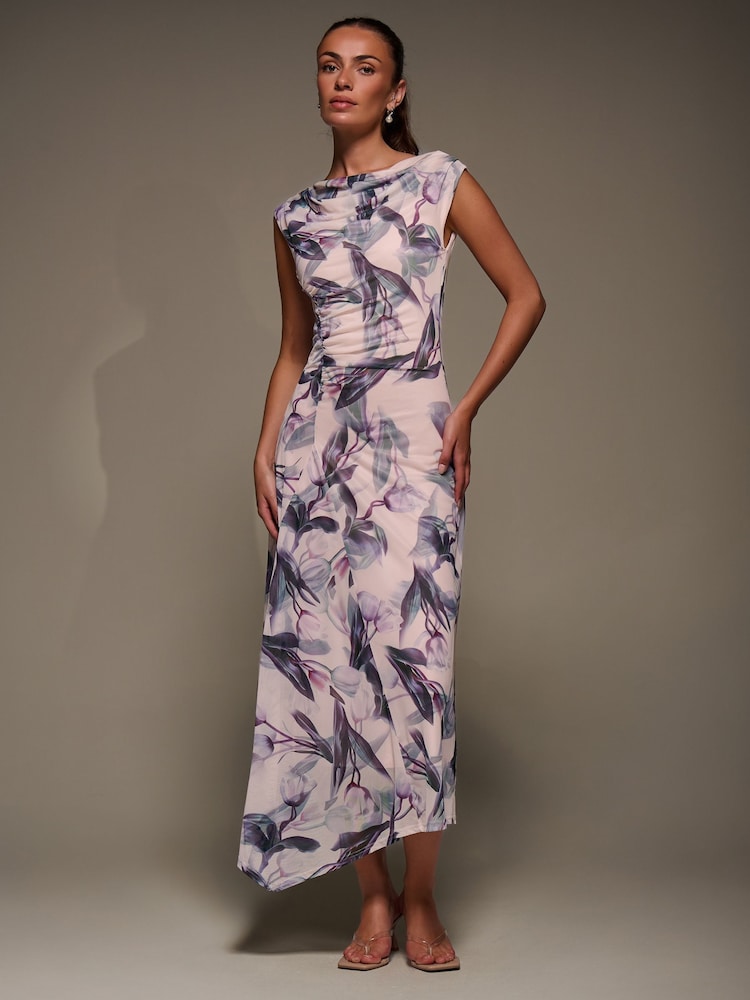 Jolie Moi Natural Slash Neck Ruched Mesh Maxi Dress - Image 6 of 6