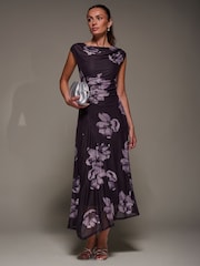 Jolie Moi Purple Slash Neck Ruched Mesh Maxi Dress - Image 1 of 6