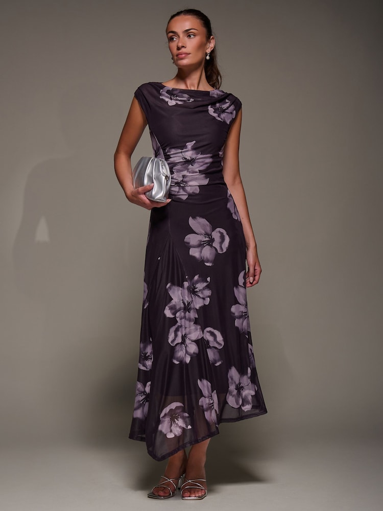 Jolie Moi Purple Slash Neck Ruched Mesh Maxi Dress - Image 1 of 6