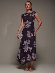 Jolie Moi Purple Slash Neck Ruched Mesh Maxi Dress - Image 2 of 6