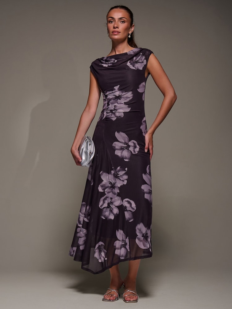 Jolie Moi Purple Slash Neck Ruched Mesh Maxi Dress - Image 2 of 6
