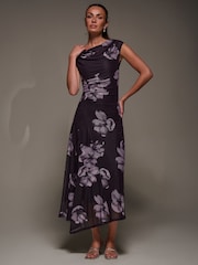 Jolie Moi Purple Slash Neck Ruched Mesh Maxi Dress - Image 4 of 6