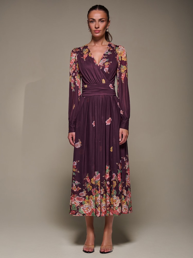 Jolie Moi Red Long Sleeve Printed Mesh Midaxi Dress - Image 1 of 6 Jolie Moi Red Long Sleeve Printed Mesh Midaxi Dress - Image 1 of 6