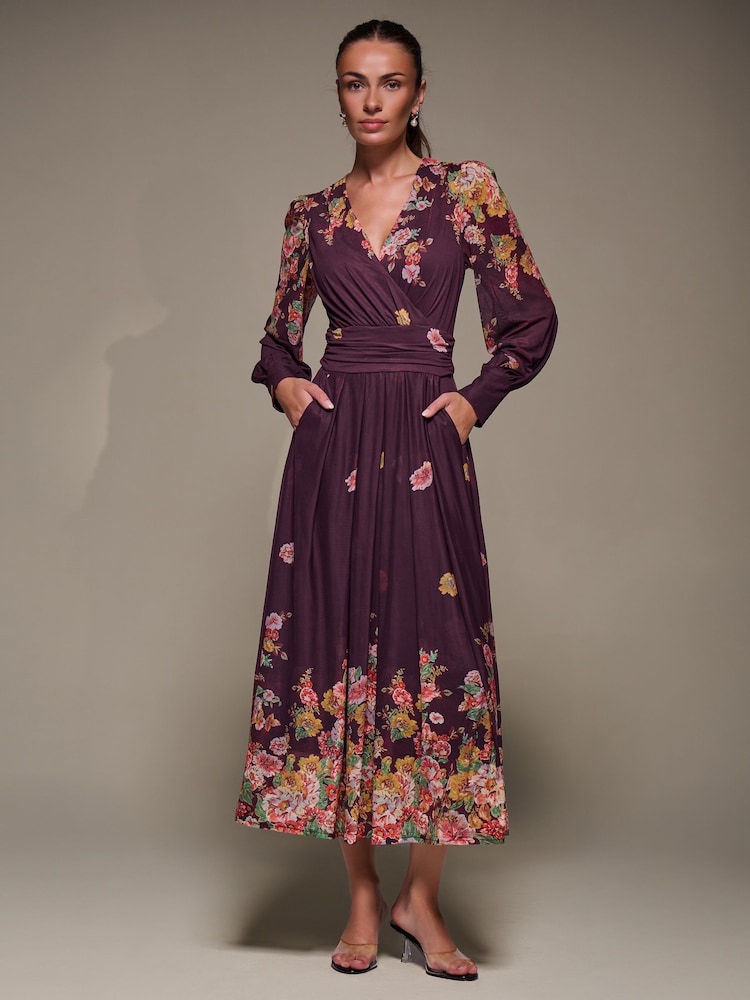 Jolie Moi Red Long Sleeve Printed Mesh Midaxi Dress - Image 2 of 6 Jolie Moi Red Long Sleeve Printed Mesh Midaxi Dress - Image 2 of 6