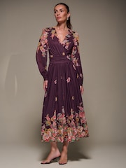 Jolie Moi Red Long Sleeve Printed Mesh Midaxi Dress - Image 3 of 6