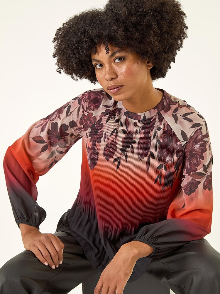 Roman Orange Floral Placement Pleated Tunic Top - Image 1 of 5 Roman Orange Floral Placement Pleated Tunic Top - Image 1 of 5