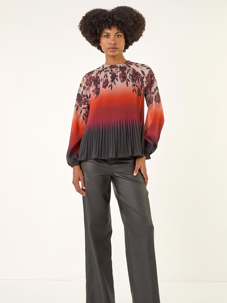Roman Orange Floral Placement Pleated Tunic Top - Image 2 of 5 Roman Orange Floral Placement Pleated Tunic Top - Image 2 of 5