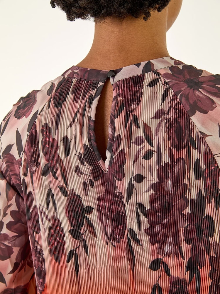 Roman Orange Floral Placement Pleated Tunic Top - Image 5 of 5