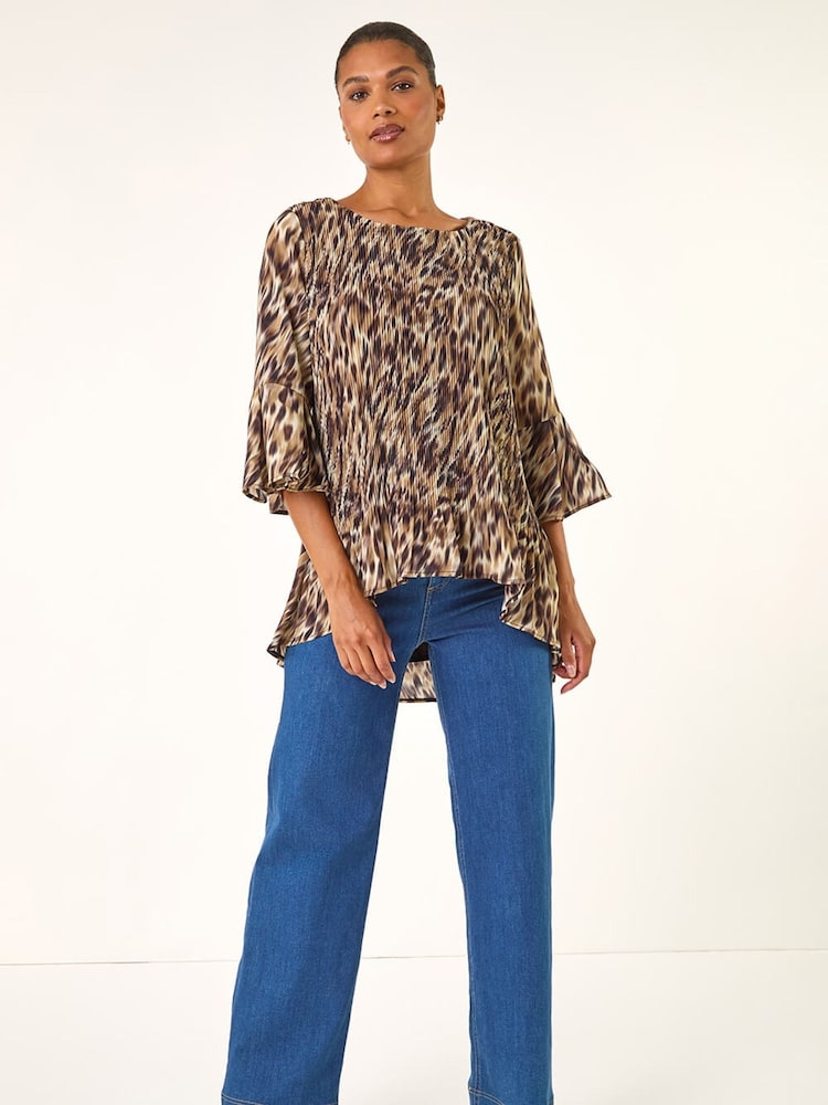 Roman Brown Animal Print Pleated Tunic Top - Image 1 of 5 Roman Brown Animal Print Pleated Tunic Top - Image 1 of 5
