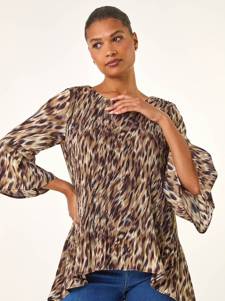 Roman Brown Animal Print Pleated Tunic Top - Image 2 of 5 Roman Brown Animal Print Pleated Tunic Top - Image 2 of 5