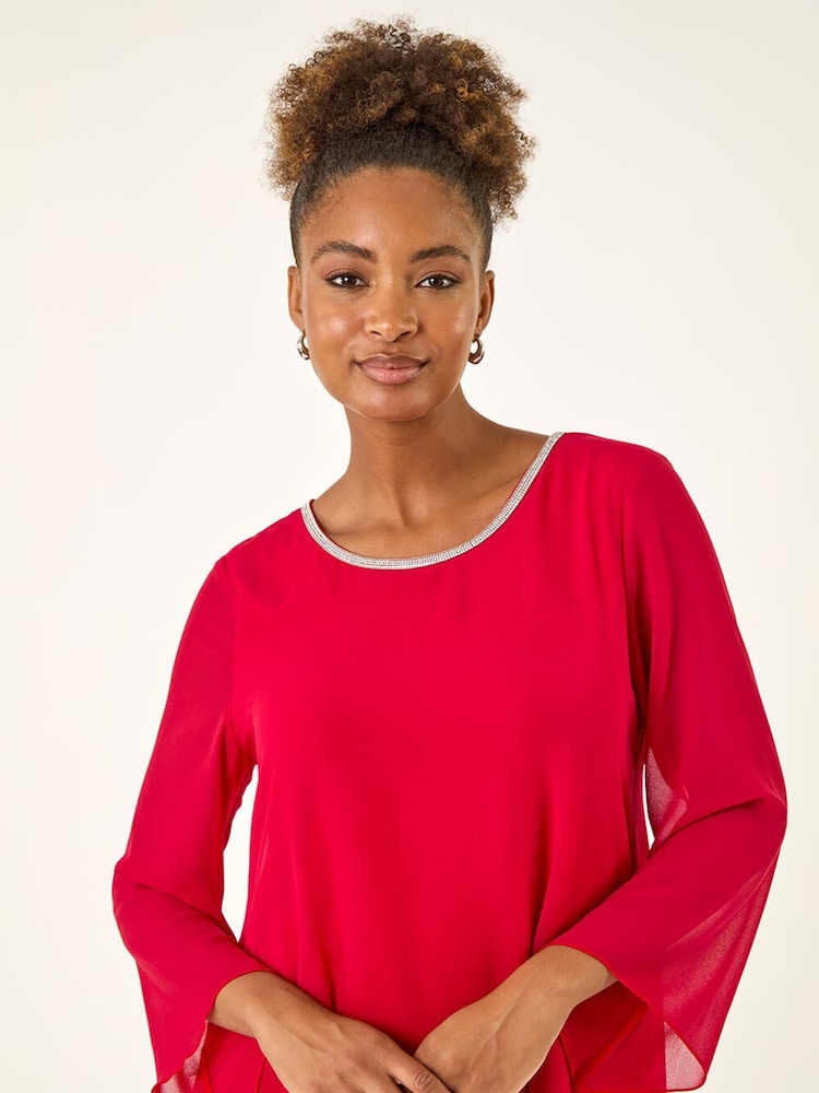 Roman Red Diamante Asymmetric Chiffon Tunic Top - Image 1 of 5 Roman Red Diamante Asymmetric Chiffon Tunic Top - Image 1 of 5