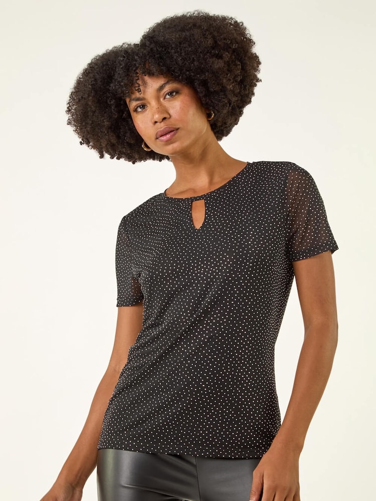Roman Black Hotfix Keyhole Stretch Blouse - Image 1 of 5 Roman Black Hotfix Keyhole Stretch Blouse - Image 1 of 5