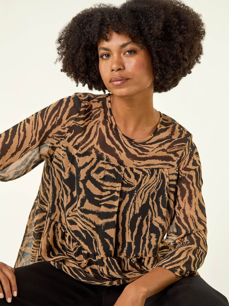 Roman Brown Animal Print Tiered Blouse - Image 1 of 5 Roman Brown Animal Print Tiered Blouse - Image 1 of 5