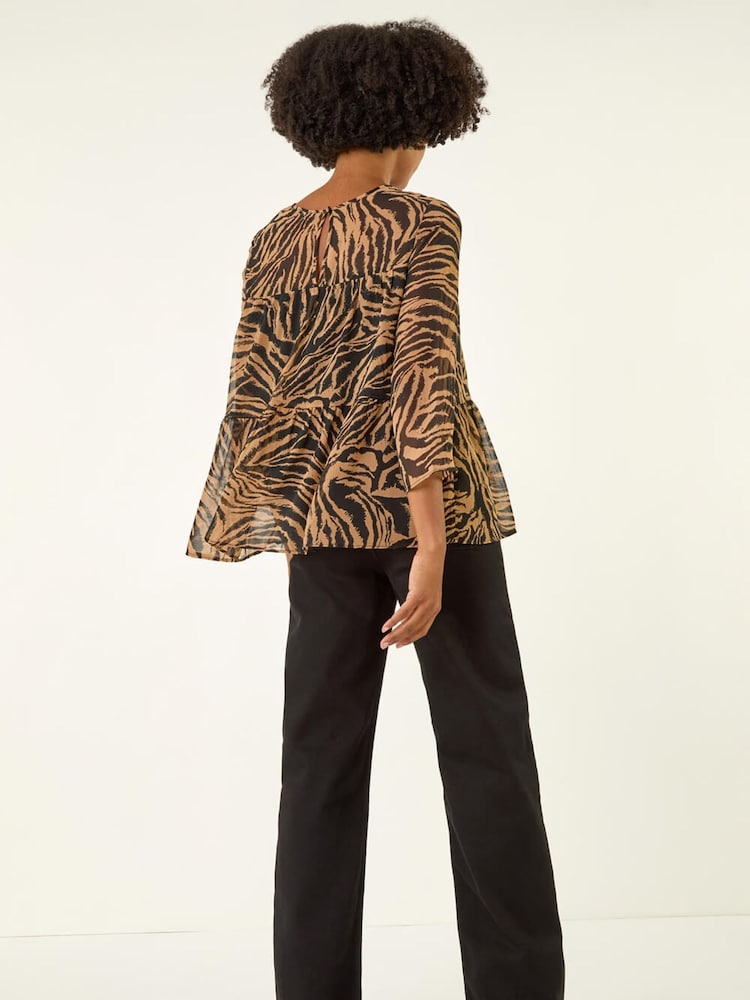 Roman Brown Animal Print Tiered Blouse - Image 2 of 5 Roman Brown Animal Print Tiered Blouse - Image 2 of 5