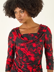 Roman Red Printed Cowl Neck Stretch Blouse - Image 4 of 5