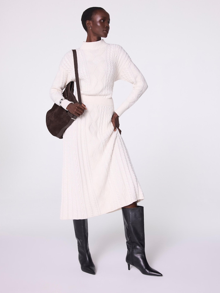 Mint Velvet White Cream Cable Knit Midi Dress - Image 1 of 8