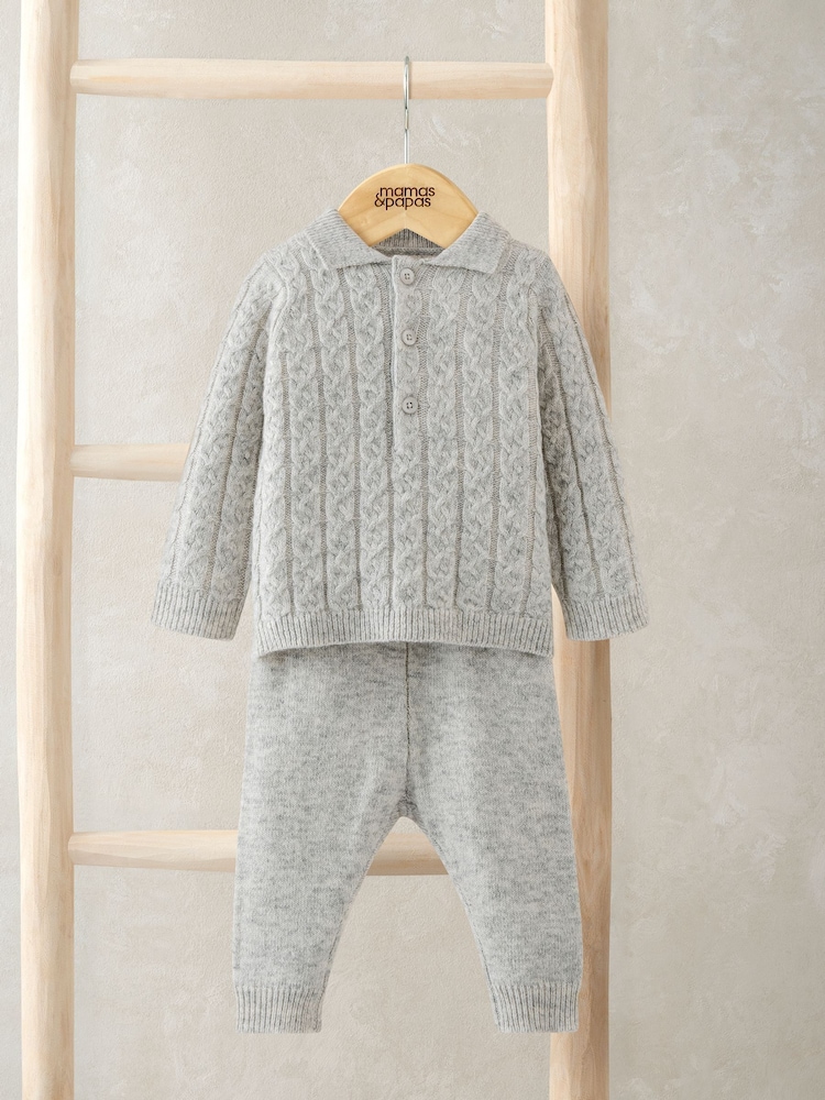 Mamas & Papas Grey Cable Knit Jumper & Trouser Set - Image 1 of 4 Mamas & Papas Grey Cable Knit Jumper & Trouser Set - Image 1 of 4