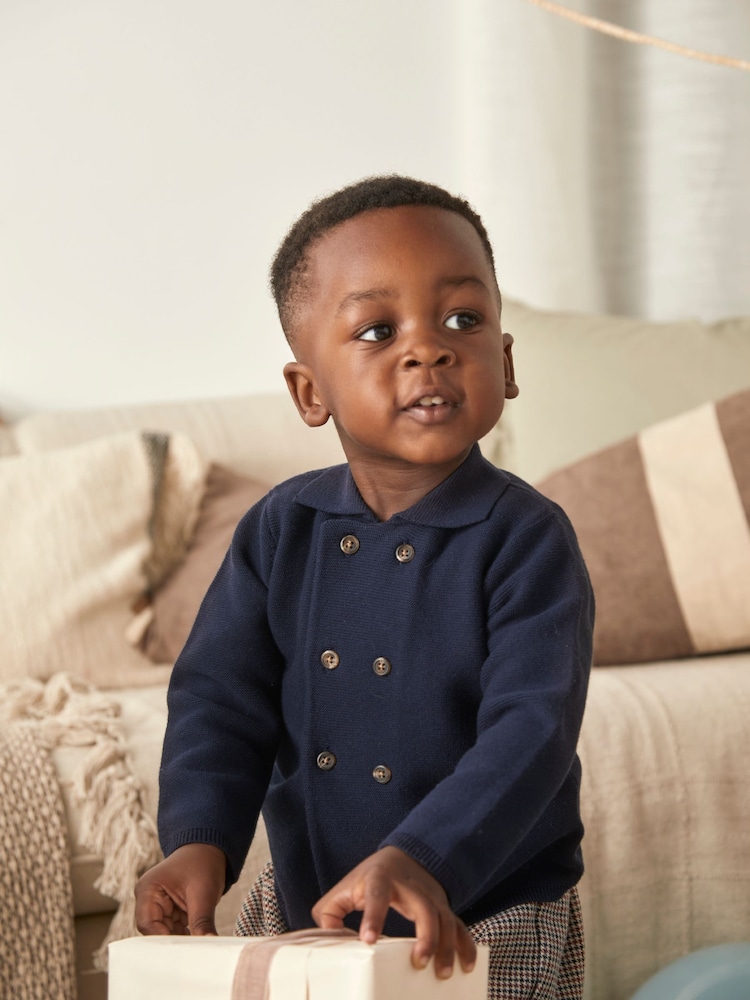 Mamas & Papas Blue Knit Collar Cardigan - Image 1 of 7 Mamas & Papas Blue Knit Collar Cardigan - Image 1 of 7