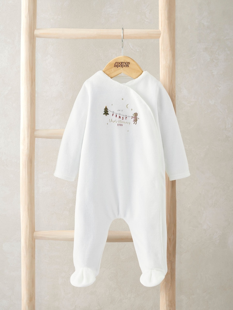 Mamas & Papas My First Christmas Velour White Sleepsuit - Image 1 of 6 Mamas & Papas My First Christmas Velour White Sleepsuit - Image 1 of 6
