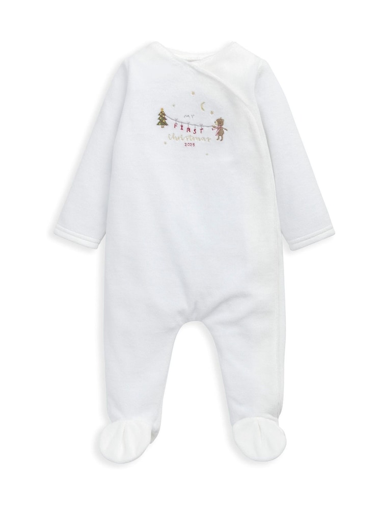 Mamas & Papas My First Christmas Velour White Sleepsuit - Image 2 of 6 Mamas & Papas My First Christmas Velour White Sleepsuit - Image 2 of 6