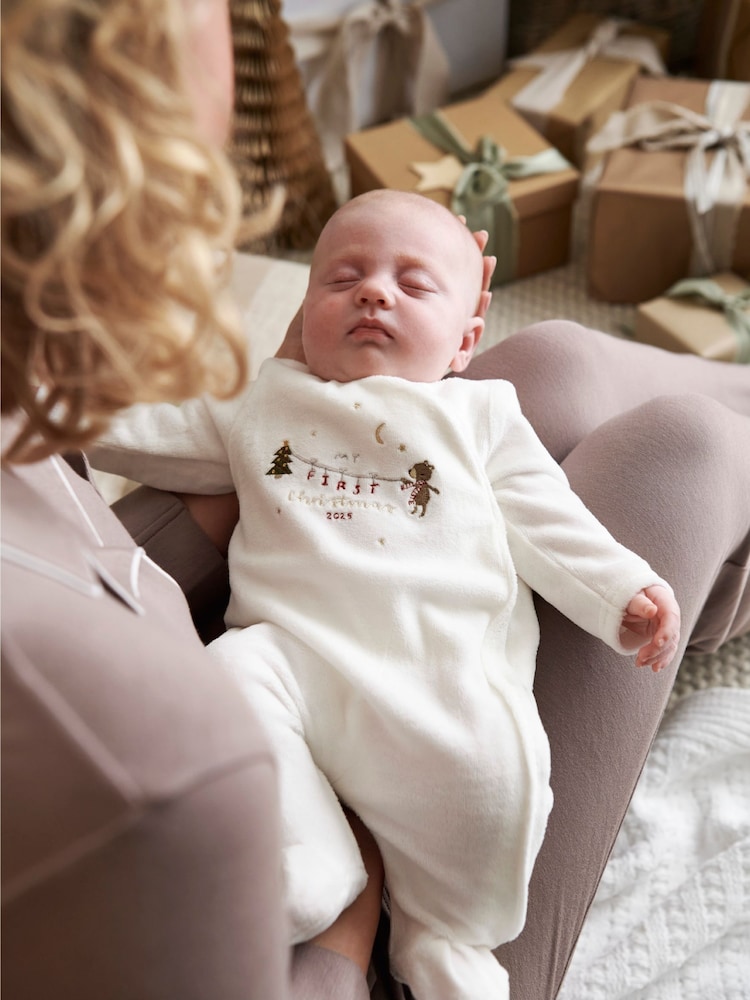 Mamas & Papas My First Christmas Velour White Sleepsuit - Image 6 of 6 Mamas & Papas My First Christmas Velour White Sleepsuit - Image 6 of 6