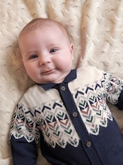 Mamas & Papas Blue Jacquard Knit Romper with Fairisle Detail - Image 3 of 3