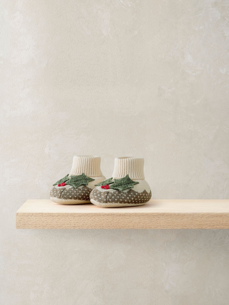 Mamas & Papas Christmas Pudding Brown Booties - Image 1 of 2 Mamas & Papas Christmas Pudding Brown Booties - Image 1 of 2