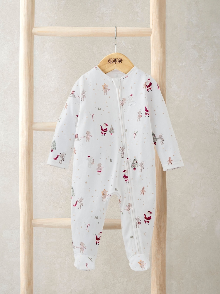 Mamas & Papas Night Before Christmas Zip-Up White Sleepsuit - Image 1 of 2