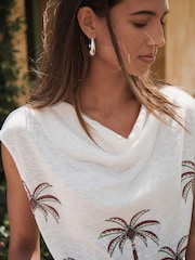 Ecru Palm Tree Print Tie Front Short Sleeve V-Neck Top - Image 4 of 4