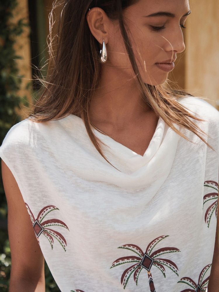 Ecru Palm Tree Print Tie Front Short Sleeve V-Neck Top - Image 4 of 4