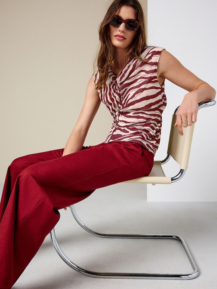 Brown/Ecru Zebra Print Tie Front Short Sleeve V-Neck Top - Image 1 of 9