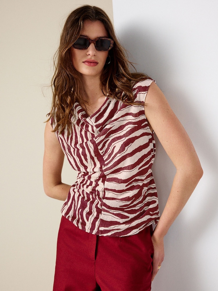 Brown/Ecru Zebra Print Tie Front Short Sleeve V-Neck Top - Image 2 of 9