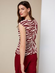 Brown/Ecru Zebra Print Tie Front Short Sleeve V-Neck Top - Image 4 of 9