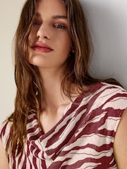 Brown/Ecru Zebra Print Tie Front Short Sleeve V-Neck Top - Image 5 of 9